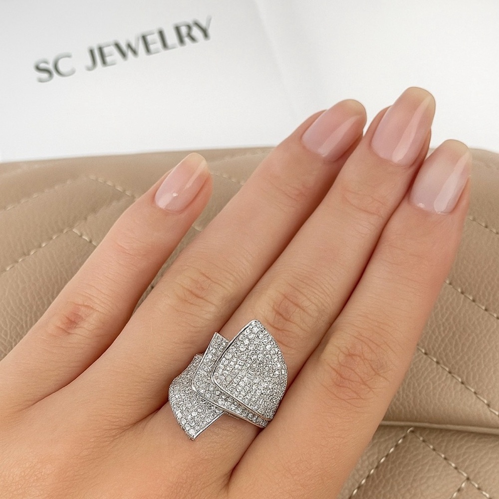 White Gold Plated Adjustable Ring with Zircon Finish | Luxury Jewelry